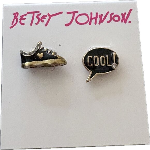 Betsey Johnson Black Casual Sneaker & Speech Bubble Cool Word Stud Earrings - Picture 4 of 4